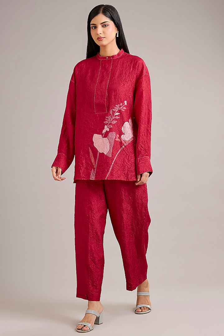 Valentine Red Crushed Mulberry Silk Floral Work Shirt by Divyam Mehta at Pernia's Pop Up Shop