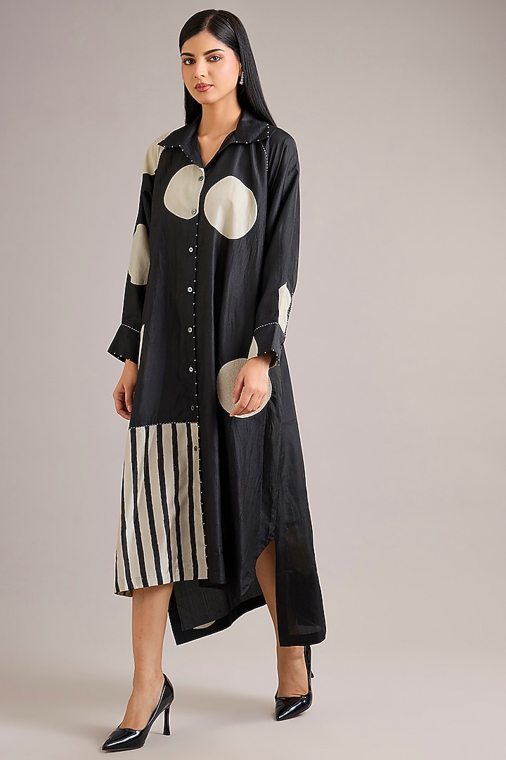 Beige & Black Mulberry Silk Moon Printed High-Low Vacation Dress by Divyam Mehta at Pernia's Pop Up Shop