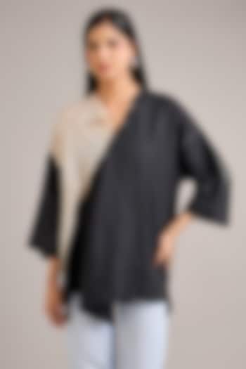 Coal Black Mulberry Silk Color-Blocked Draped Top by Divyam Mehta at Pernia's Pop Up Shop