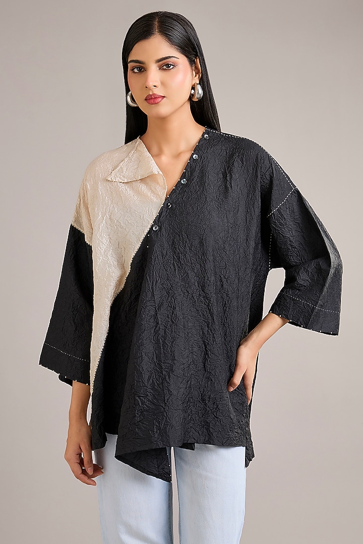 Coal Black Mulberry Silk Color-Blocked Draped Top by Divyam Mehta at Pernia's Pop Up Shop