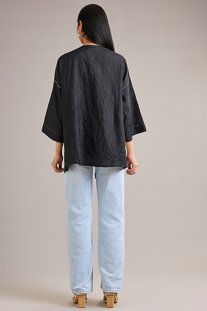 Coal Black Mulberry Silk Color-Blocked Draped Top by Divyam Mehta at Pernia's Pop Up Shop