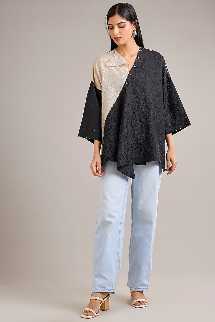 Coal Black Mulberry Silk Color-Blocked Draped Top by Divyam Mehta at Pernia's Pop Up Shop