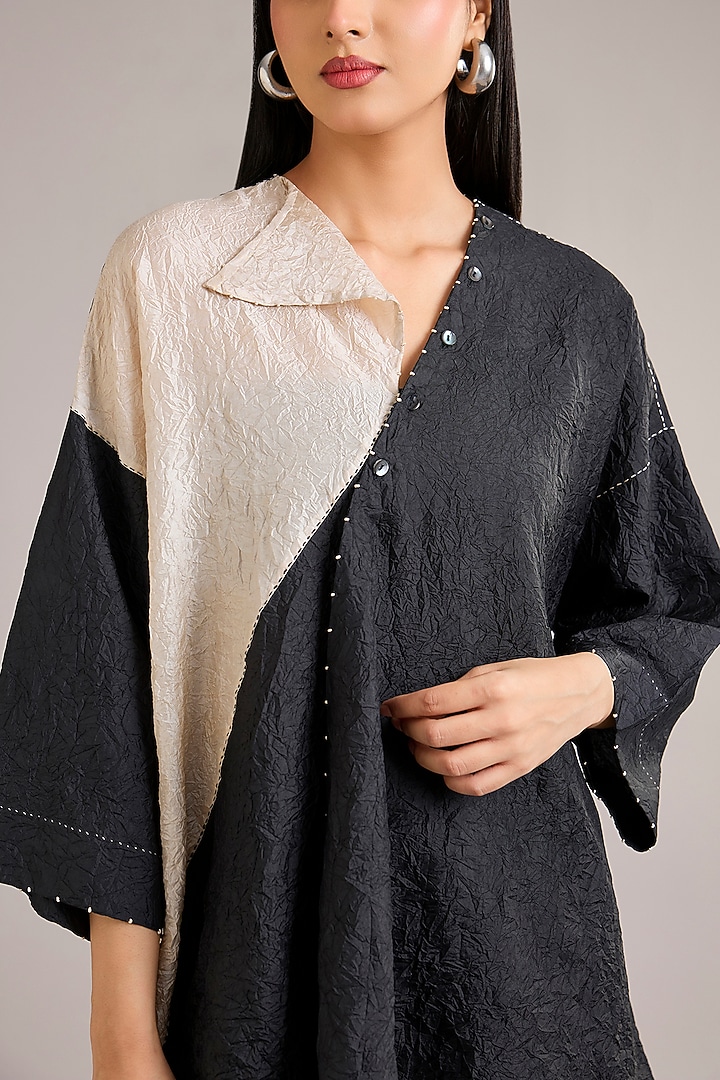 Coal Black Mulberry Silk Color-Blocked Draped Top by Divyam Mehta at Pernia's Pop Up Shop