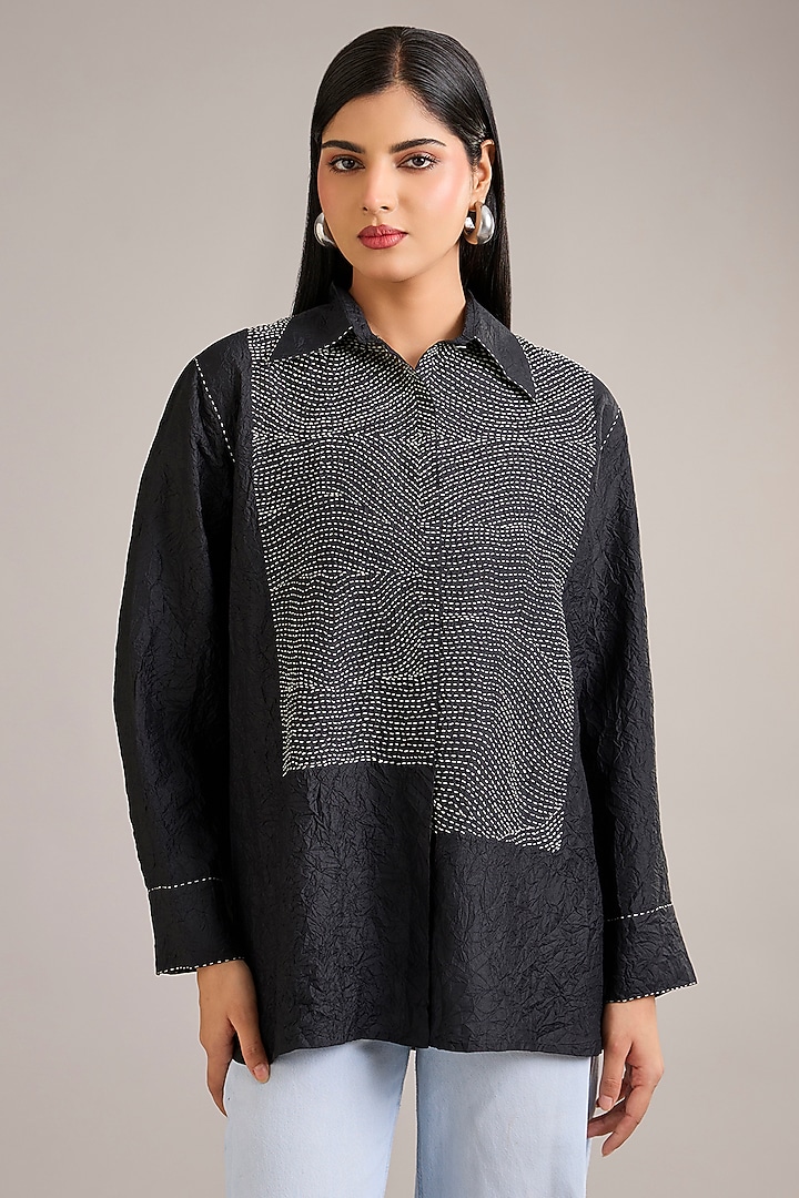 Coal Mulberry Silk Asymmetrical Top by Divyam Mehta at Pernia's Pop Up Shop