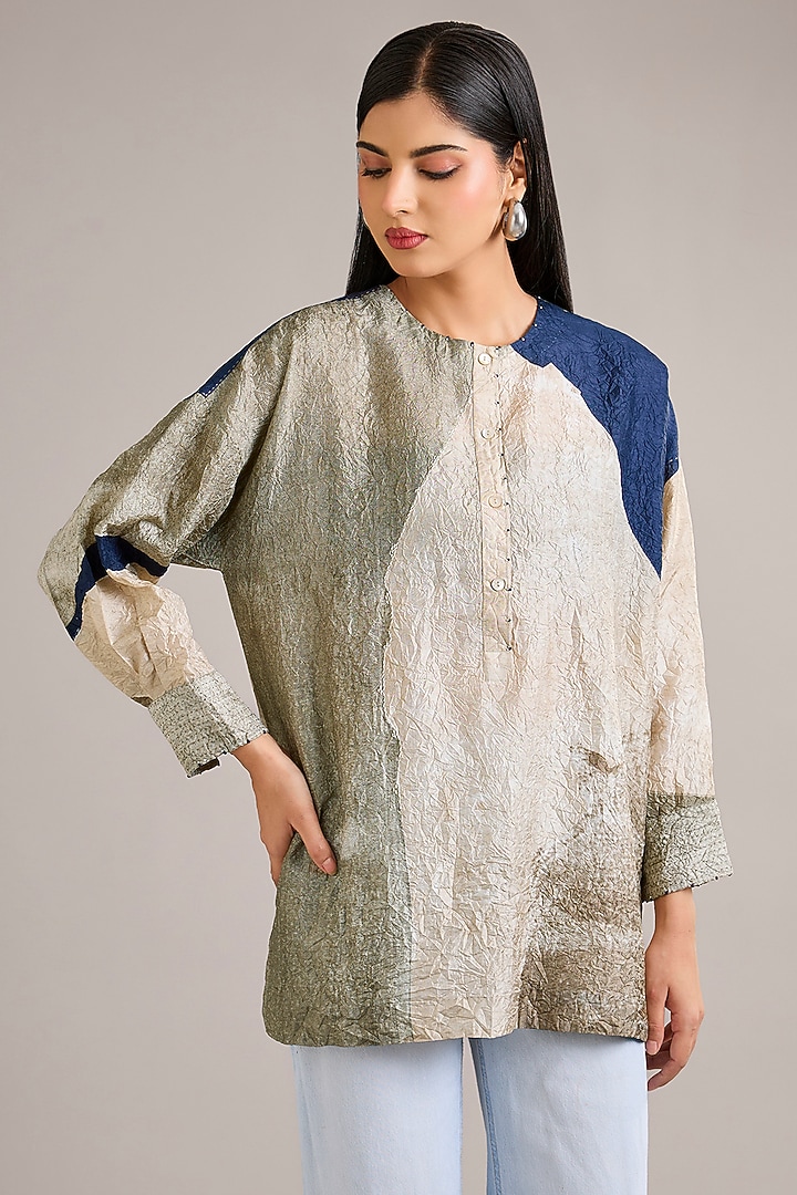Toosh-Colored Mulberry Silk Abstract Printed Top by Divyam Mehta at Pernia's Pop Up Shop