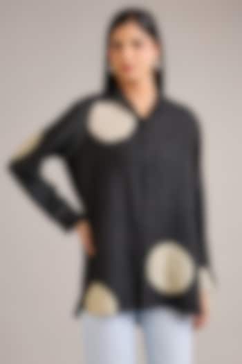 Black Crushed Mulberry Silk Moon Printed Shirt by Divyam Mehta at Pernia's Pop Up Shop