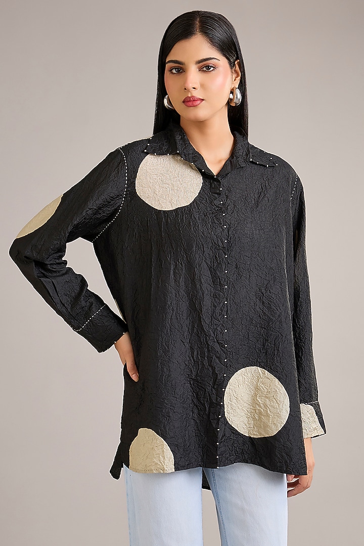 Black Crushed Mulberry Silk Moon Printed Shirt by Divyam Mehta at Pernia's Pop Up Shop