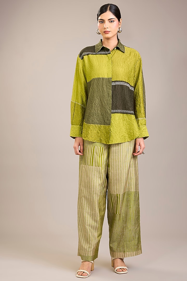 Yellow Crushed Mulberry Silk Kantha Embroidered Shirt by Divyam Mehta at Pernia's Pop Up Shop