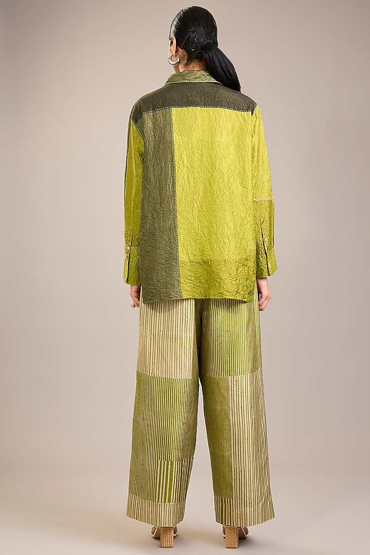 Yellow Crushed Mulberry Silk Kantha Embroidered Shirt by Divyam Mehta at Pernia's Pop Up Shop