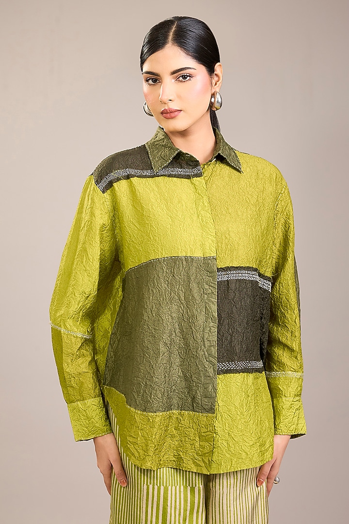 Yellow Crushed Mulberry Silk Kantha Embroidered Shirt by Divyam Mehta at Pernia's Pop Up Shop