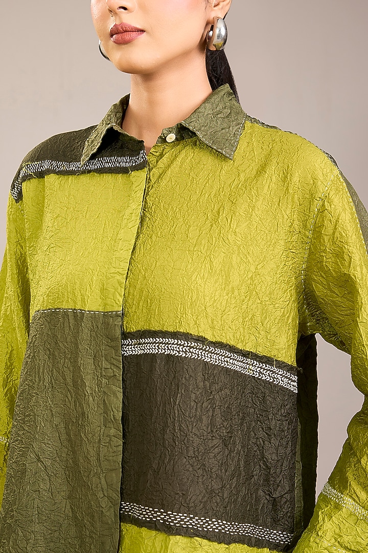 Yellow Crushed Mulberry Silk Kantha Embroidered Shirt by Divyam Mehta at Pernia's Pop Up Shop