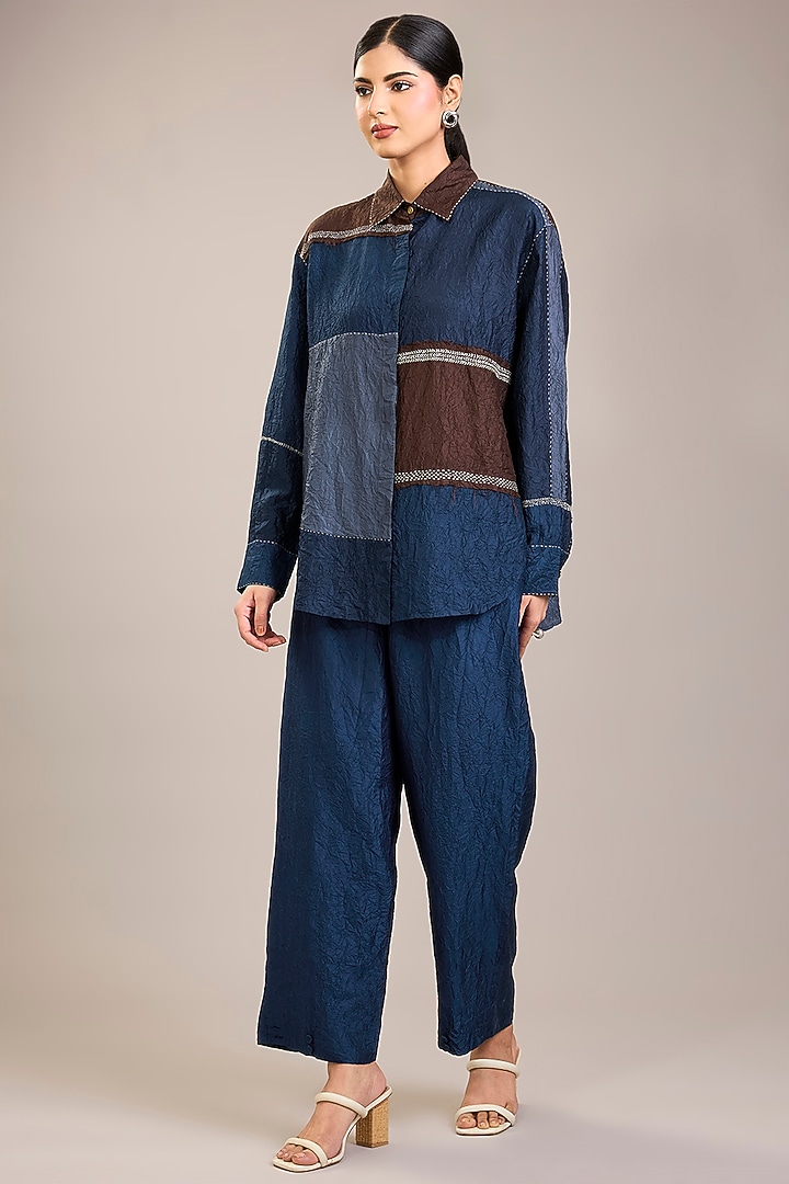 Indigo Crushed Mulberry Silk Kantha Embroidered Shirt by Divyam Mehta at Pernia's Pop Up Shop
