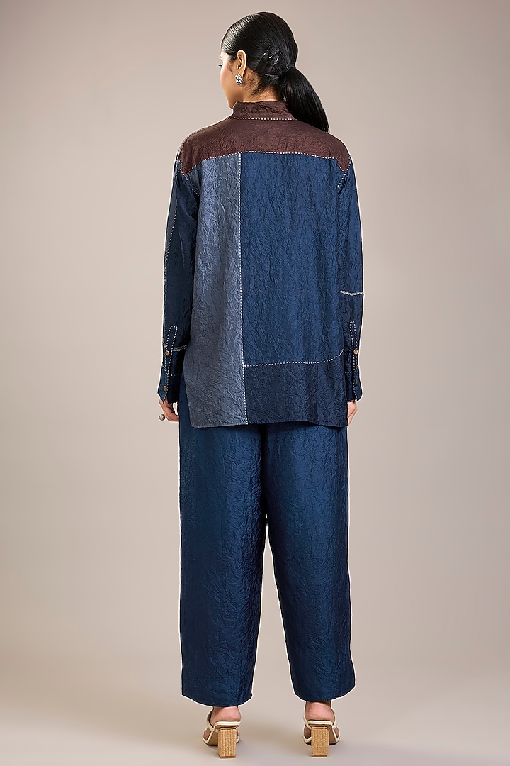 Indigo Crushed Mulberry Silk Kantha Embroidered Shirt by Divyam Mehta at Pernia's Pop Up Shop