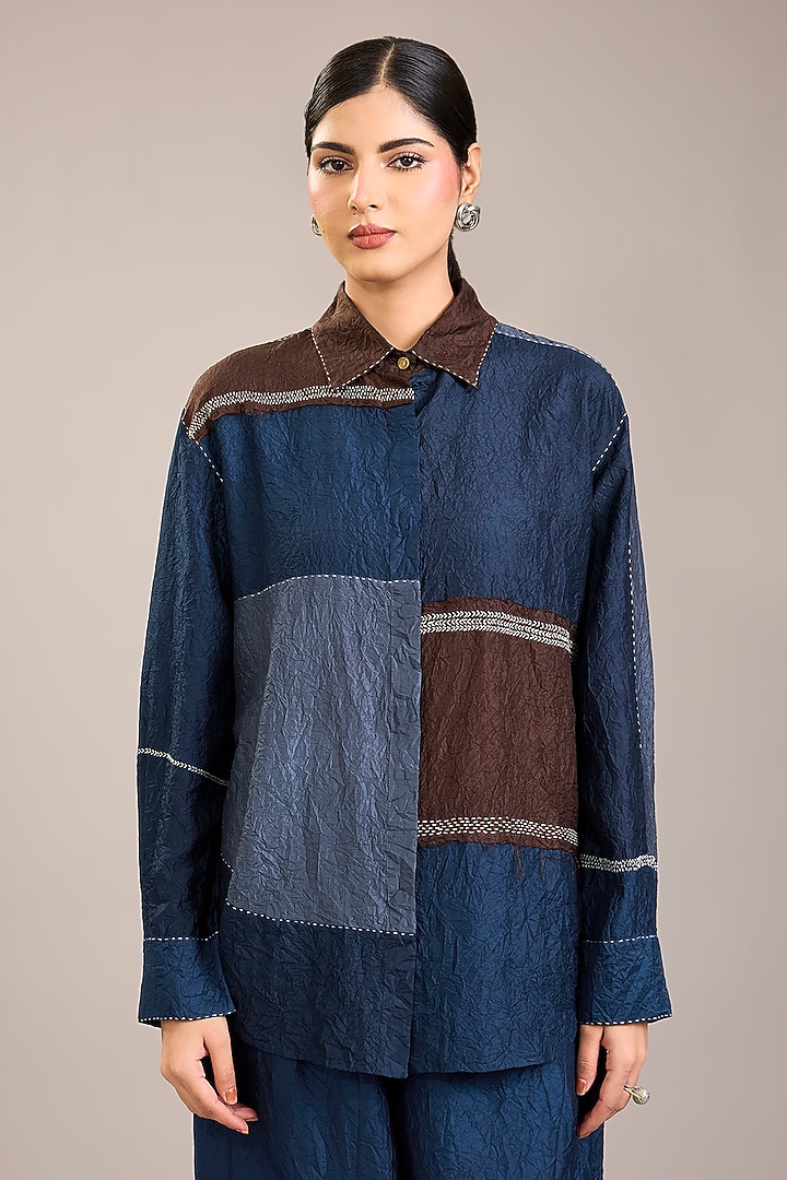 Indigo Crushed Mulberry Silk Kantha Embroidered Shirt by Divyam Mehta at Pernia's Pop Up Shop