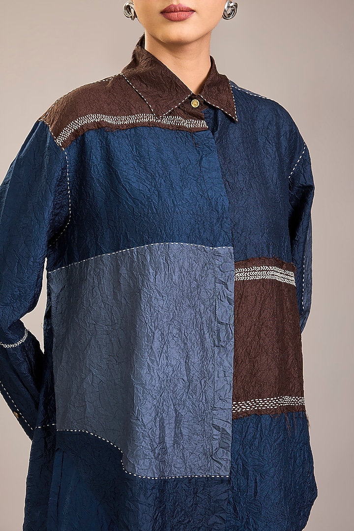 Indigo Crushed Mulberry Silk Kantha Embroidered Shirt by Divyam Mehta at Pernia's Pop Up Shop