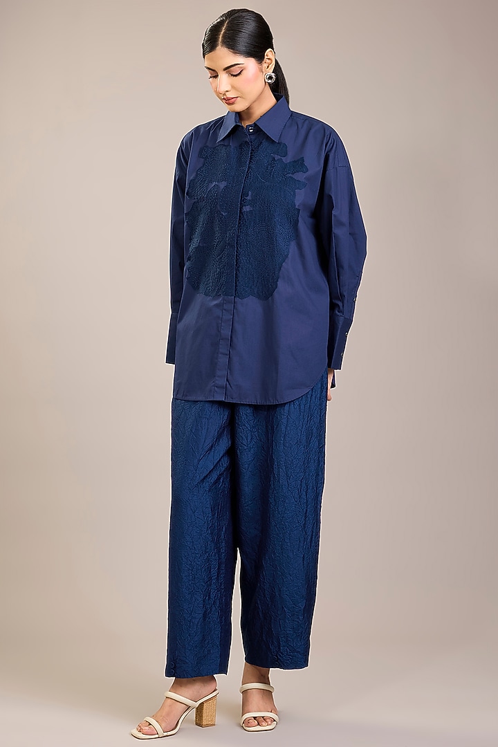 Indigo Cotton Poplin Kantha Embroidered Shirt by Divyam Mehta at Pernia's Pop Up Shop