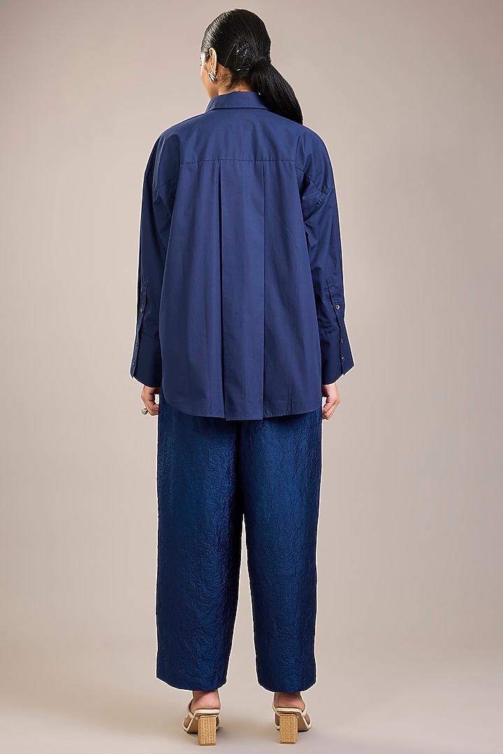 Indigo Cotton Poplin Kantha Embroidered Shirt by Divyam Mehta at Pernia's Pop Up Shop