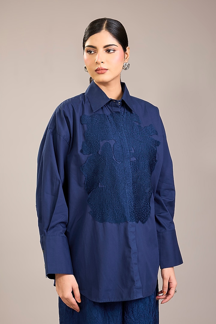 Indigo Cotton Poplin Kantha Embroidered Shirt by Divyam Mehta at Pernia's Pop Up Shop
