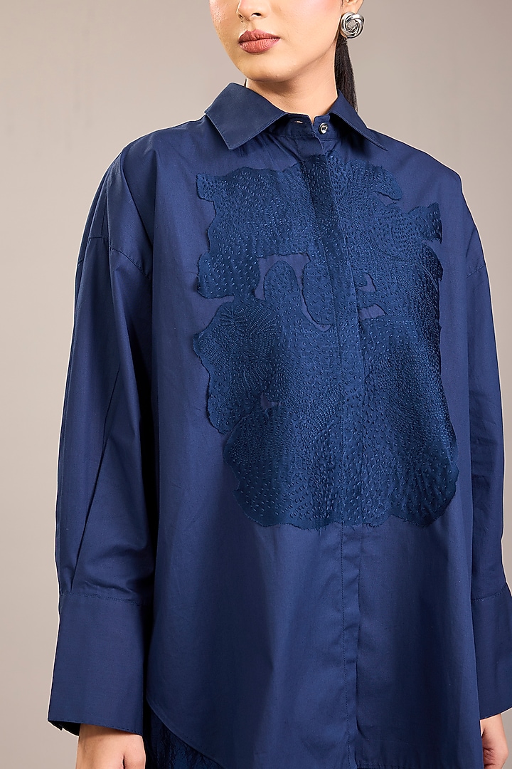 Indigo Cotton Poplin Kantha Embroidered Shirt by Divyam Mehta at Pernia's Pop Up Shop