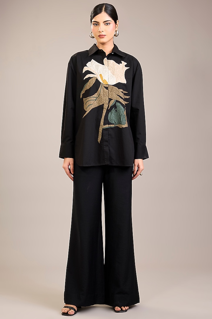 Black Cotton Poplin Patch Work Shirt by Divyam Mehta at Pernia's Pop Up Shop