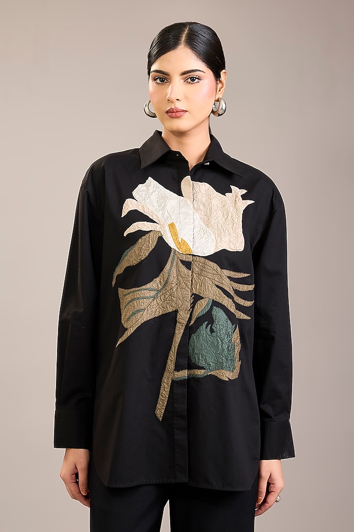 Black Cotton Poplin Patch Work Shirt by Divyam Mehta at Pernia's Pop Up Shop