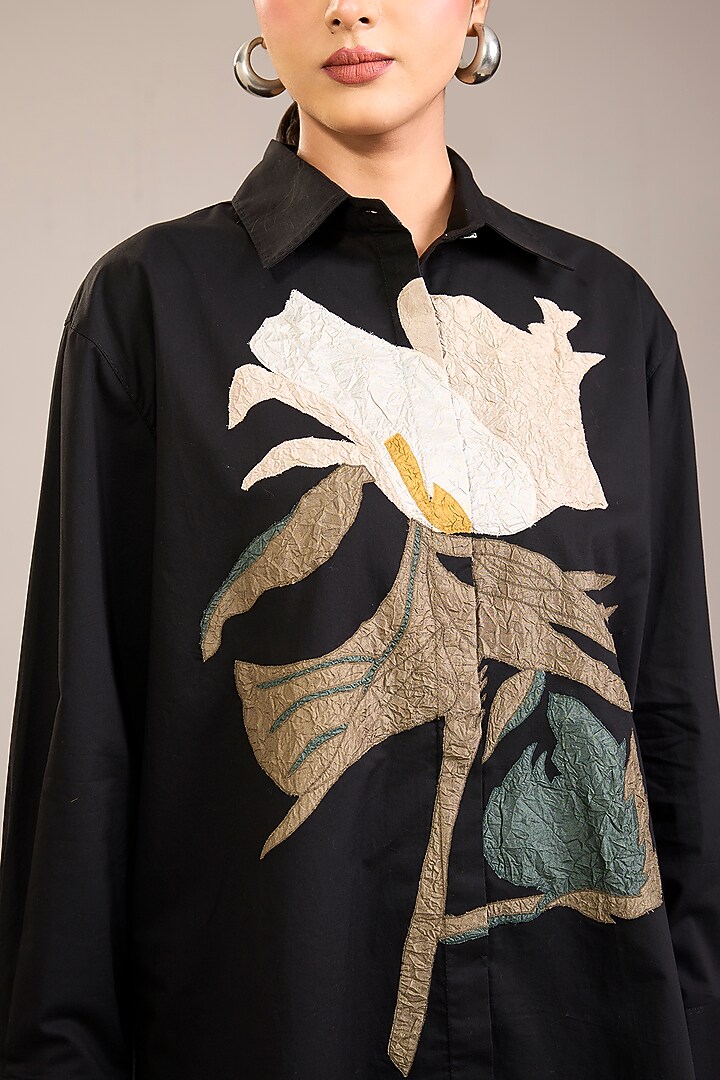 Black Cotton Poplin Patch Work Shirt by Divyam Mehta at Pernia's Pop Up Shop