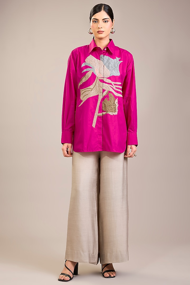 Fuchsia Cotton Poplin Patch Work Shirt by Divyam Mehta at Pernia's Pop Up Shop