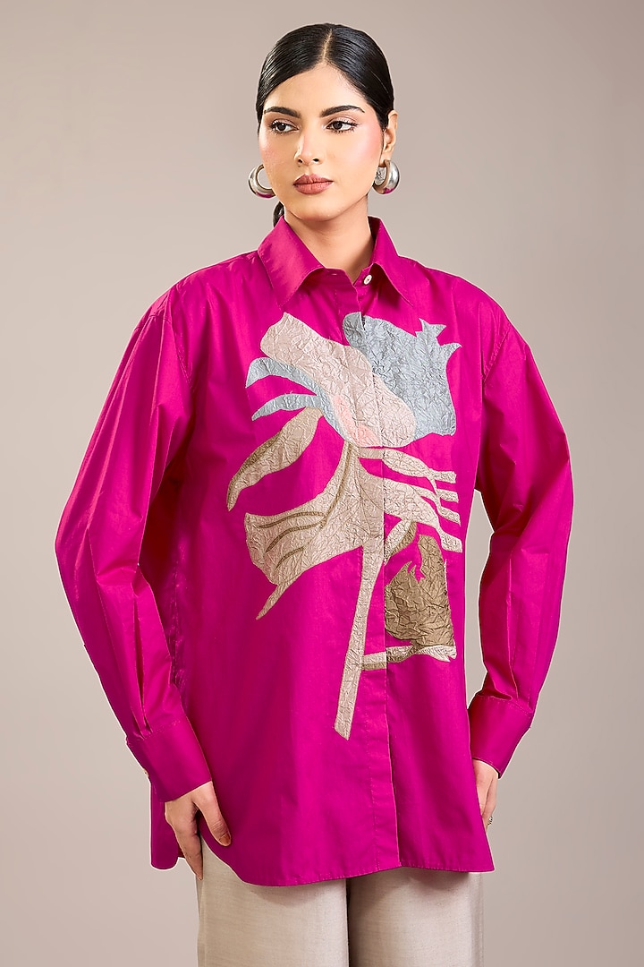 Fuchsia Cotton Poplin Patch Work Shirt by Divyam Mehta at Pernia's Pop Up Shop
