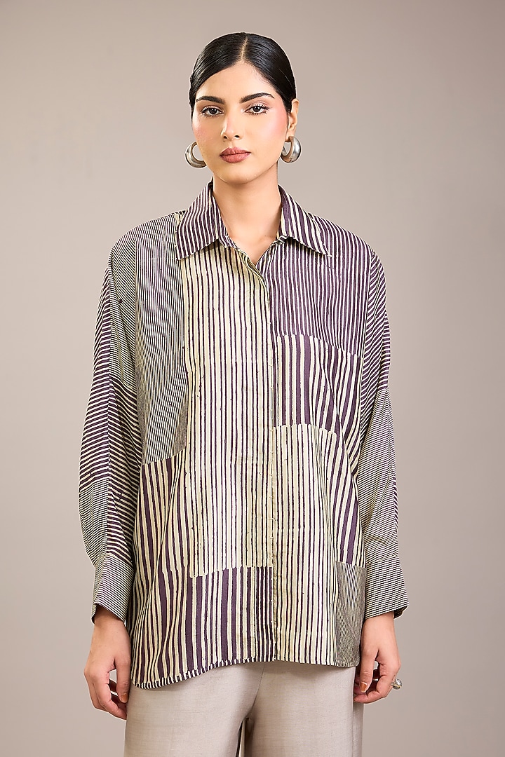 Amethyst Mulberry Silk Striped Shirt by Divyam Mehta at Pernia's Pop Up Shop