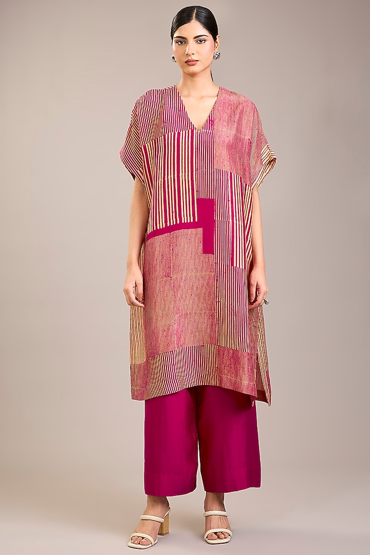 Fuchsia Dupion Silk Stripe Printed Tunic Set by Divyam Mehta at Pernia's Pop Up Shop