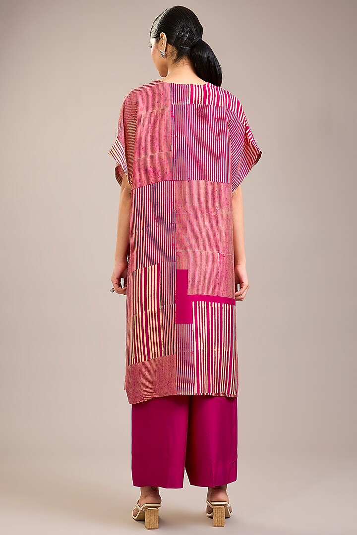 Fuchsia Dupion Silk Stripe Printed Tunic Set by Divyam Mehta at Pernia's Pop Up Shop