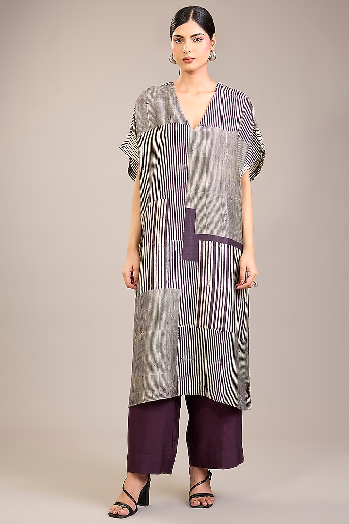 Amethyst Dupion Silk Stripe Printed Tunic Set by Divyam Mehta at Pernia's Pop Up Shop