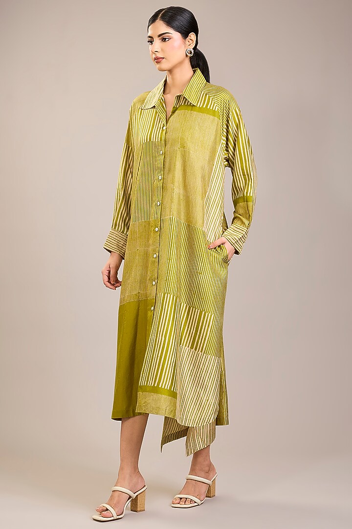 Yellow Mulberry Silk Abstract Stripe Printed Tunic by Divyam Mehta at Pernia's Pop Up Shop
