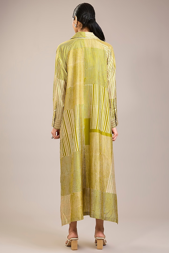 Yellow Mulberry Silk Abstract Stripe Printed Tunic by Divyam Mehta at Pernia's Pop Up Shop