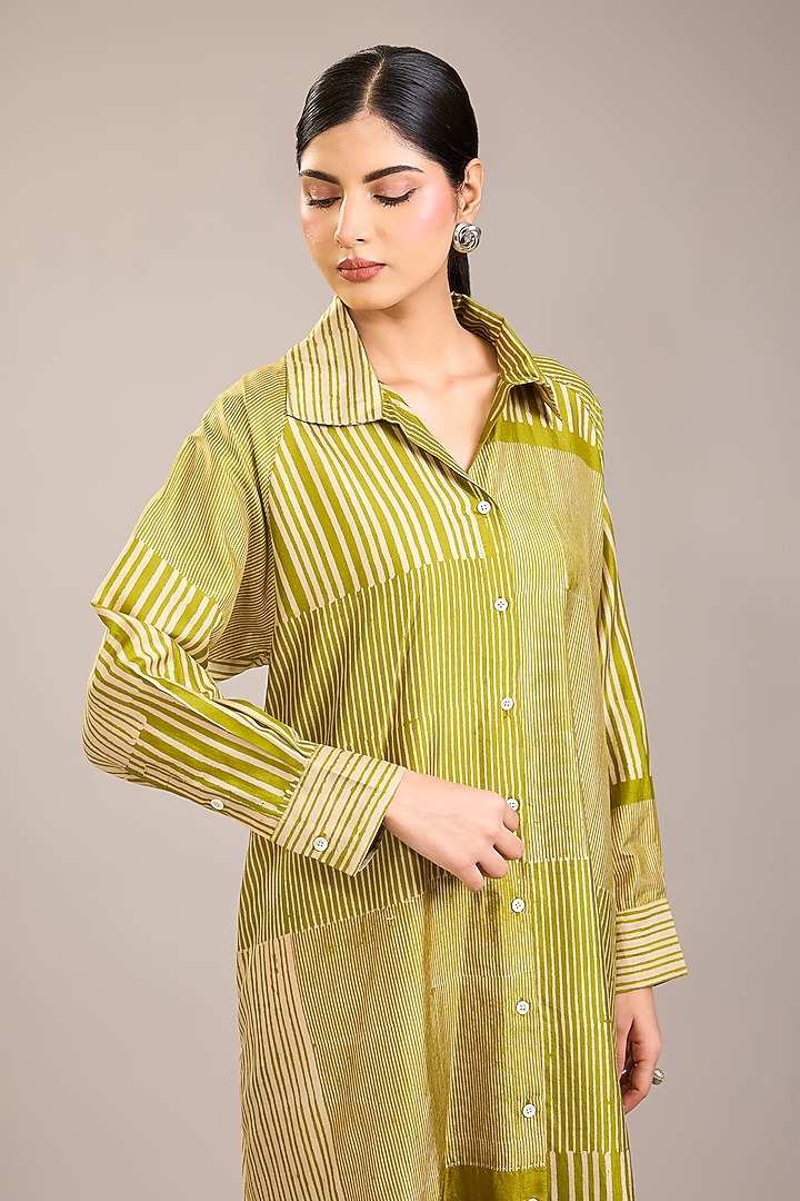 Yellow Mulberry Silk Abstract Stripe Printed Tunic by Divyam Mehta at Pernia's Pop Up Shop