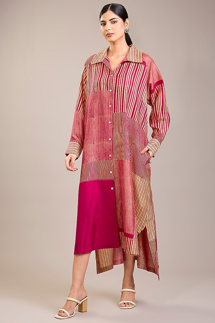 Fuchsia Mulberry Silk Abstract Stripe Printed Tunic by Divyam Mehta at Pernia's Pop Up Shop