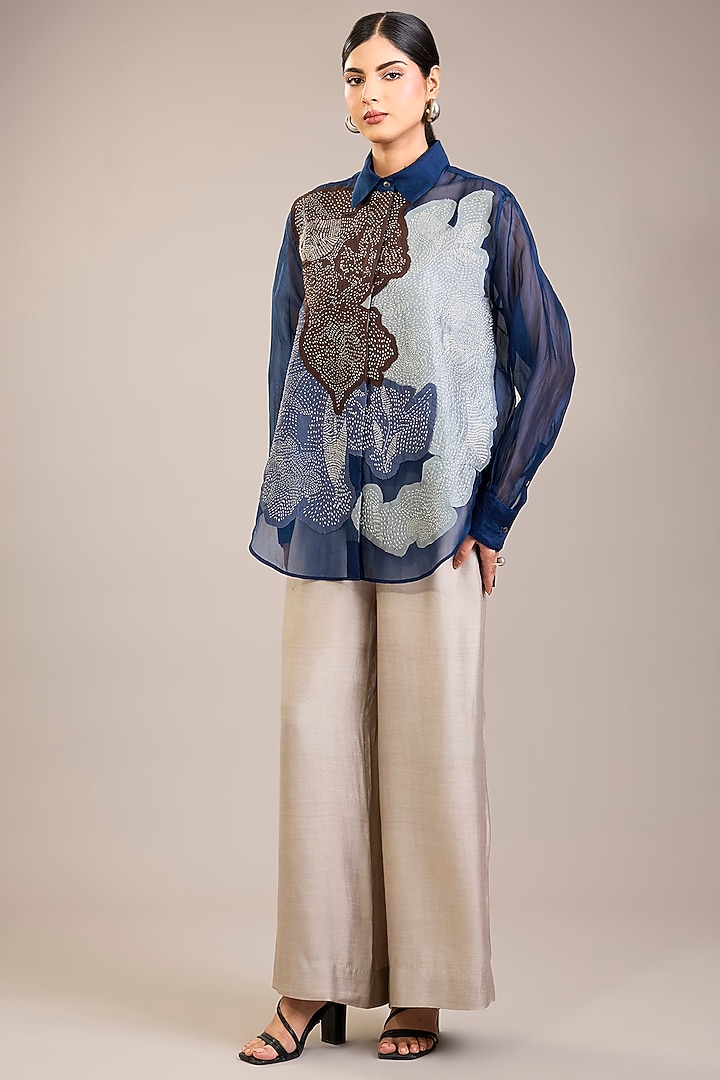 Indigo Silk Organza Kantha Embroidered Shirt by Divyam Mehta at Pernia's Pop Up Shop