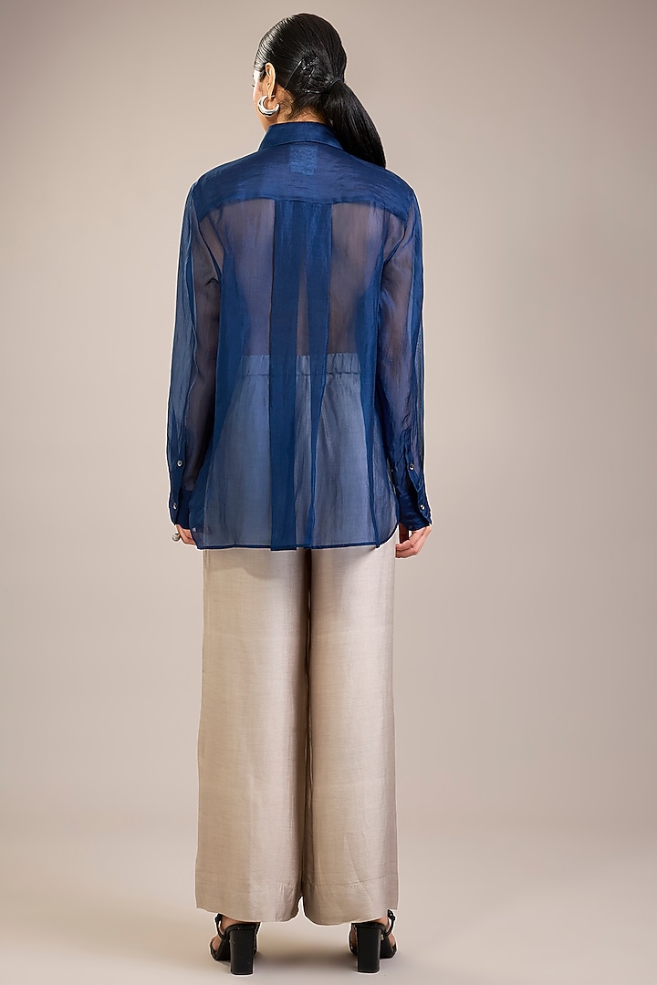 Indigo Silk Organza Kantha Embroidered Shirt by Divyam Mehta at Pernia's Pop Up Shop