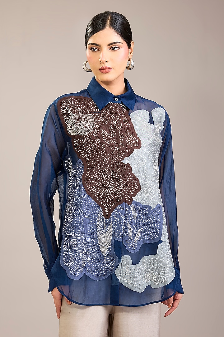 Indigo Silk Organza Kantha Embroidered Shirt by Divyam Mehta at Pernia's Pop Up Shop