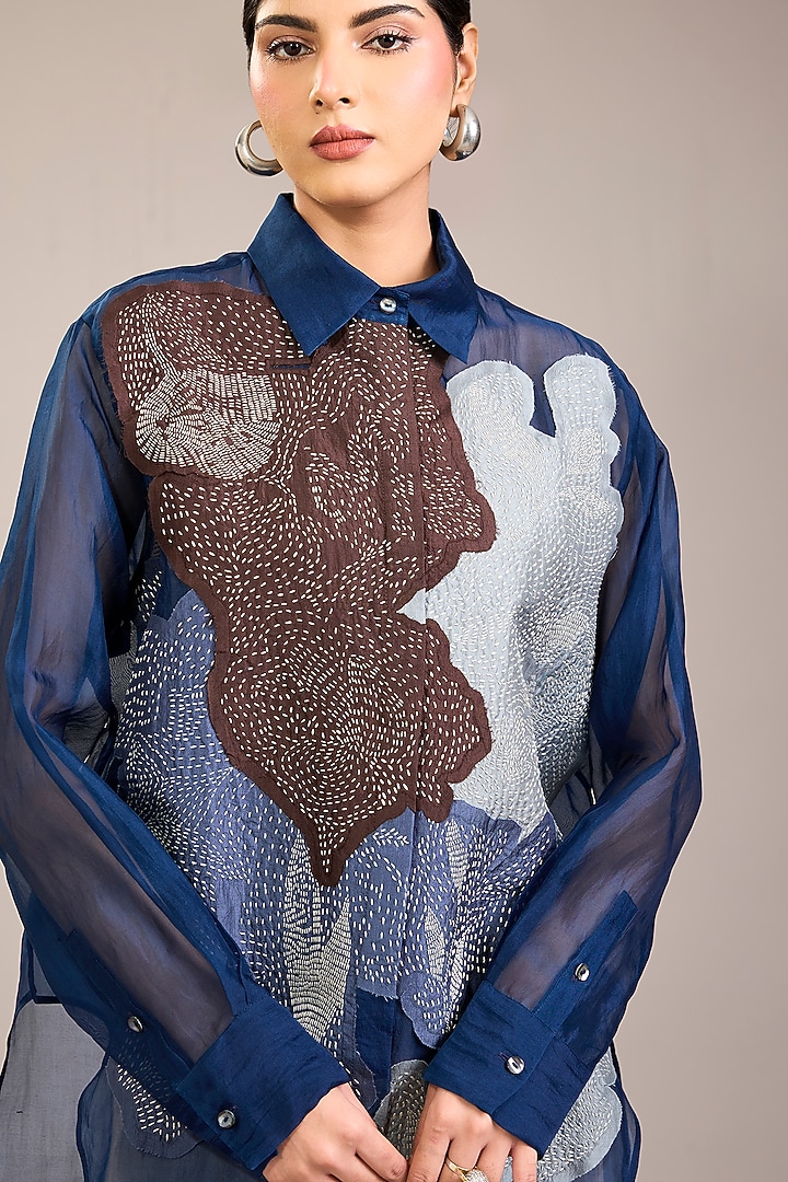 Indigo Silk Organza Kantha Embroidered Shirt by Divyam Mehta at Pernia's Pop Up Shop