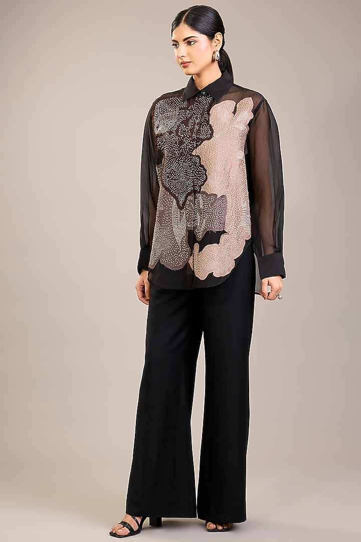 Black Silk Organza Kantha Embroidered Shirt by Divyam Mehta at Pernia's Pop Up Shop