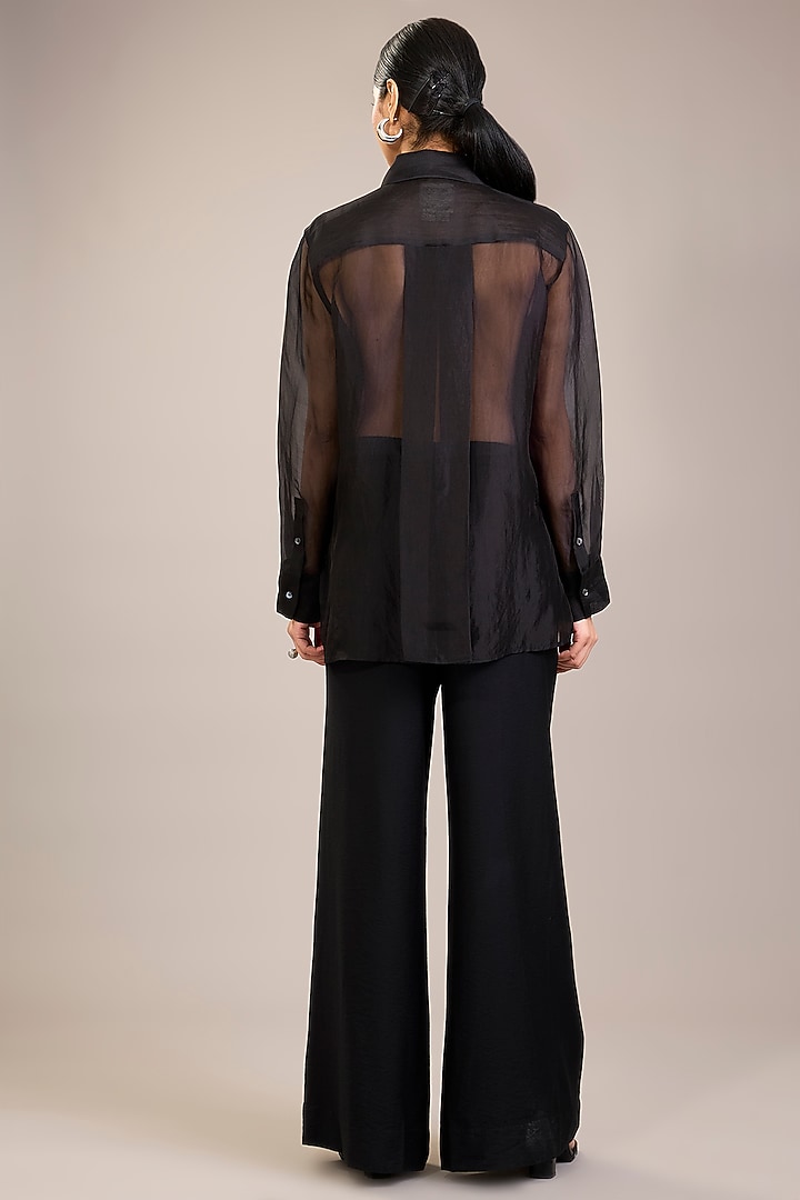 Black Silk Organza Kantha Embroidered Shirt by Divyam Mehta at Pernia's Pop Up Shop