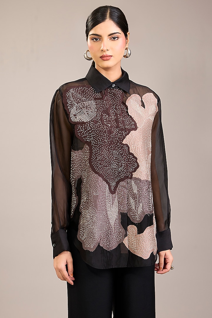 Black Silk Organza Kantha Embroidered Shirt by Divyam Mehta at Pernia's Pop Up Shop