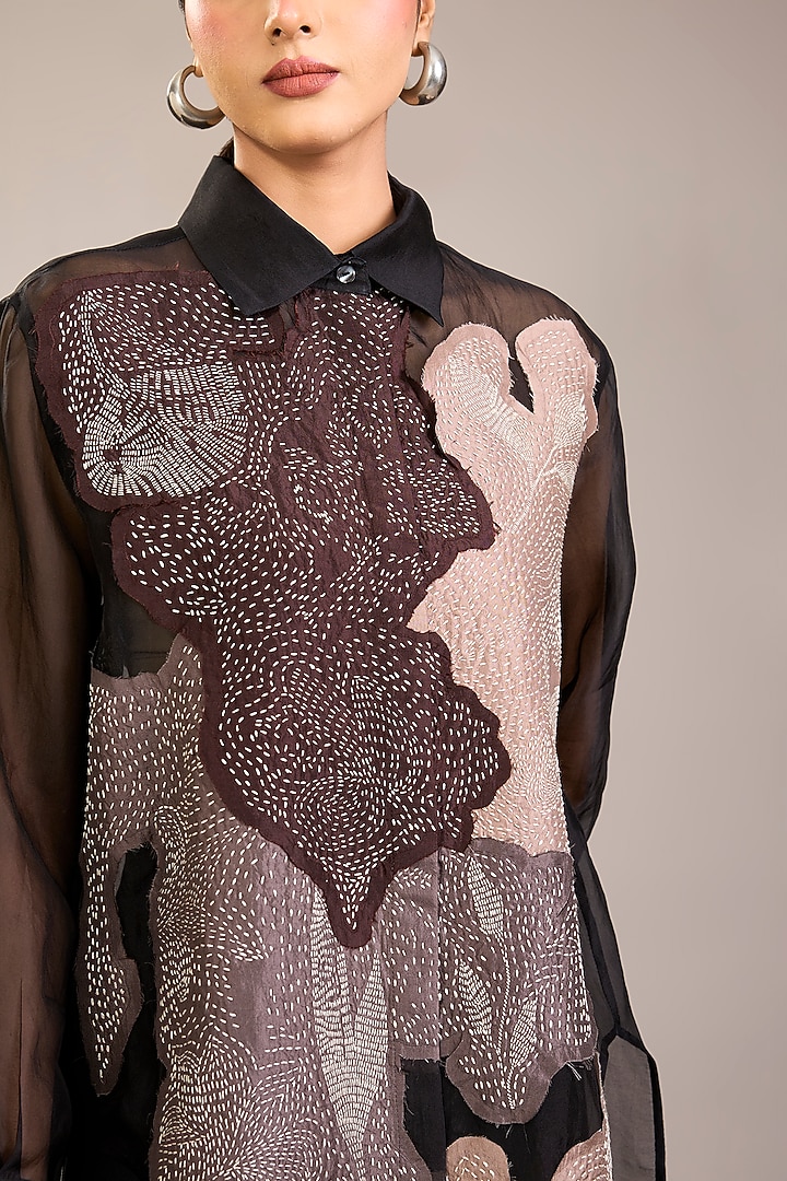 Black Silk Organza Kantha Embroidered Shirt by Divyam Mehta at Pernia's Pop Up Shop