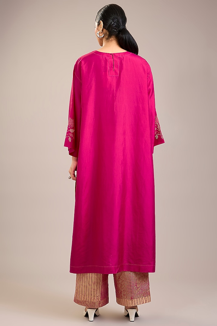 Fuchsia Mulberry Silk French Knot Embroidered Tunic Set by Divyam Mehta at Pernia's Pop Up Shop