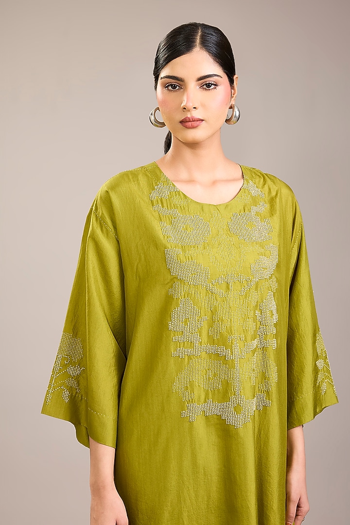Yellow Mulberry Silk French Knot Embroidered Tunic Set by Divyam Mehta at Pernia's Pop Up Shop