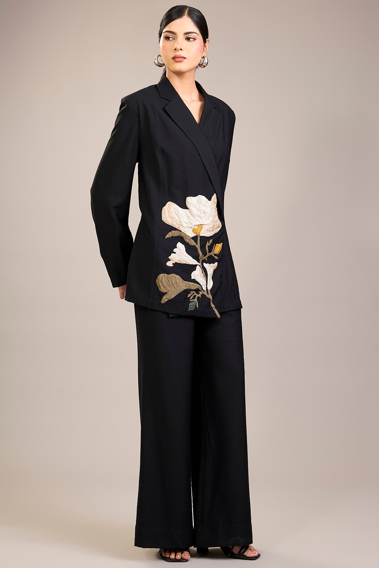 Divyam Mehta Black Fine Twill Modal Patchwork Jacket Set