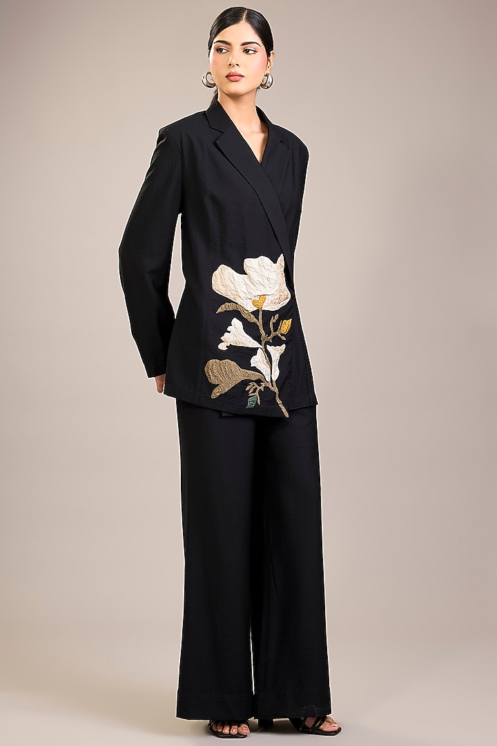 Black Fine Twill Modal Patchwork Jacket Set by Divyam Mehta at Pernia's Pop Up Shop