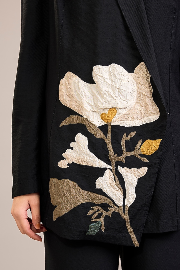 Black Fine Twill Modal Patchwork Jacket Set by Divyam Mehta at Pernia's Pop Up Shop
