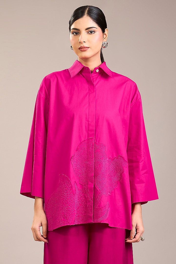 Fuchsia Cotton Poplin Kantha Embroidered Shirt by Divyam Mehta at Pernia's Pop Up Shop